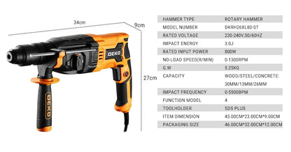 DEKO DKRH26XL80-ST 4 Functions Electric Rotary Hammer Multifunctional Rotary Accessories Electric Demolition Hammer Impact Drill