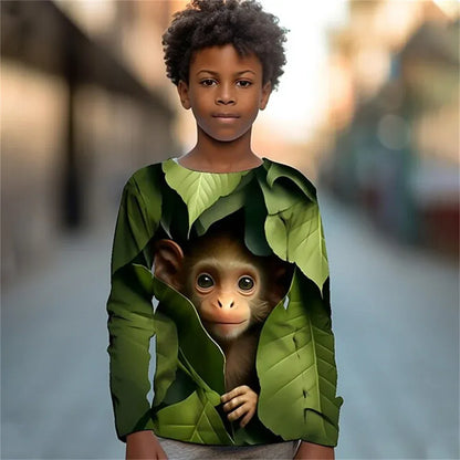 Clothing For Boys Leaf Tiger Animal Monkey Print Long Sleeve Top For Children T-Shirt Teenagers 2023 Autumn Girls Tshirt Kids