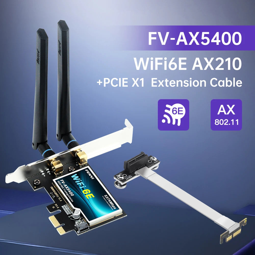 Fenvi AX210 WiFi 6E PCIE Wireless Adapter AXE5400 Tri Band 2.4G/5G/6GHz BT5.3 With PCI X1 3.0 Extension Cable for PC Win 10/11