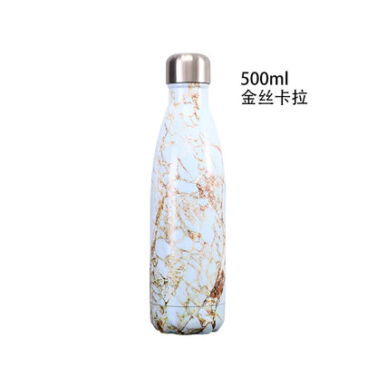 500ml Cola Shape Insulated Bottle, 304 Stainless Steel Vacuum Flask, Marble/Print Portable Water Bottle