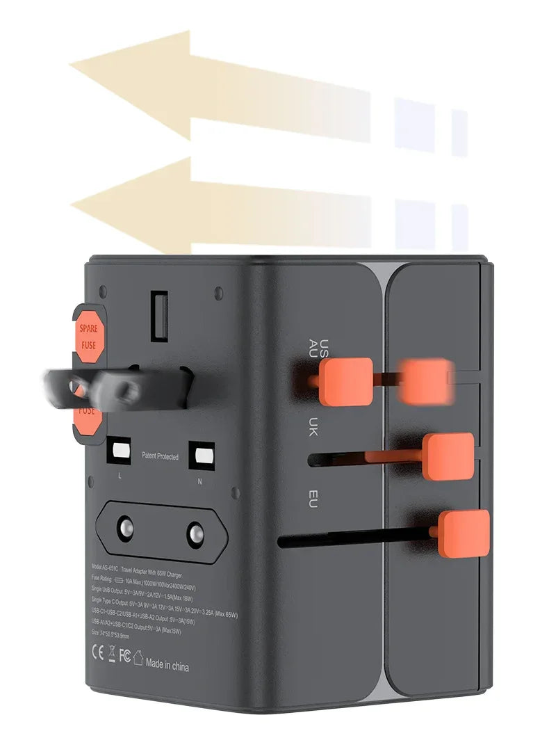 65W/45W/25W GaN Universal Travel Adapter with 2 USB 2 Type C Fast Charging All-in-one Travel Charger EU/UK/USA/AUS for Travel