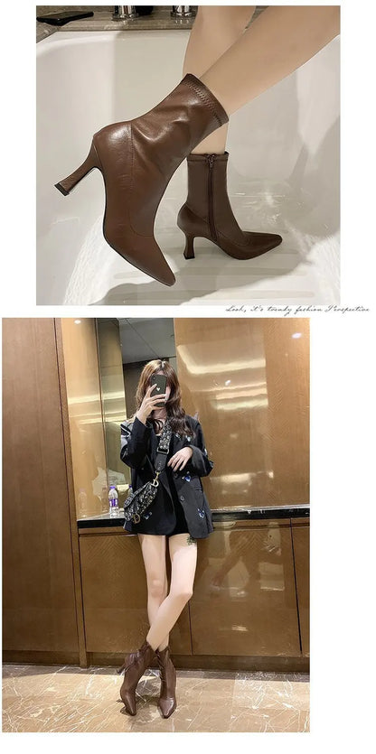 Women High Heel Short Leather Boots  New Boots Female Pointed Thin Heel Boots Ladies Ankle Short Boots Botas De Mujer 2024