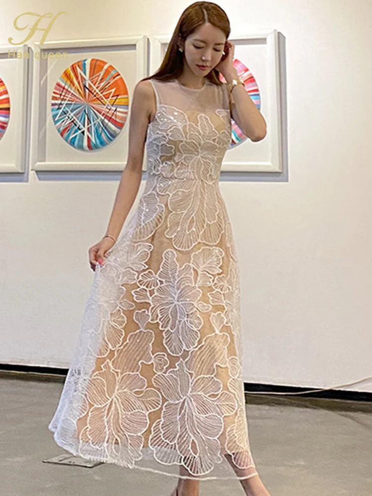 Fashion Slim O-Neck Long Party Casual Dress Hot Sale Summer Dresses Korean Retro Sleeveless Mesh Embroidery Vestidos
