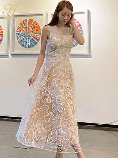 Fashion Slim O-Neck Long Party Casual Dress Hot Sale Summer Dresses Korean Retro Sleeveless Mesh Embroidery Vestidos