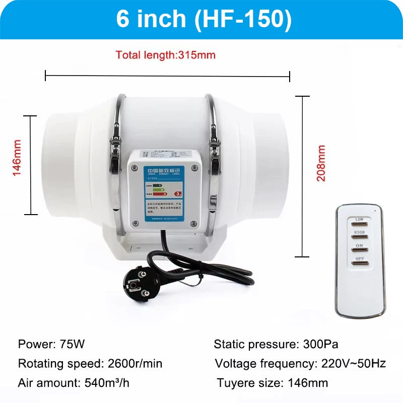 4/5/6/8 Inch Remote Control Exhaust Fan Silent Inline Pipe Duct Fan Extractor Air Ventilation Blower Kitchen Toilet Wall Booster