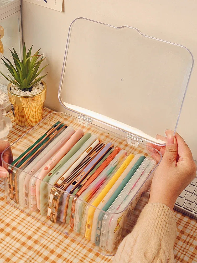 Ins Transparent Phone Case Organizer Storage Box with Cover Home Desktop Acrylic Sundries Storage Basket Phone Case Holder