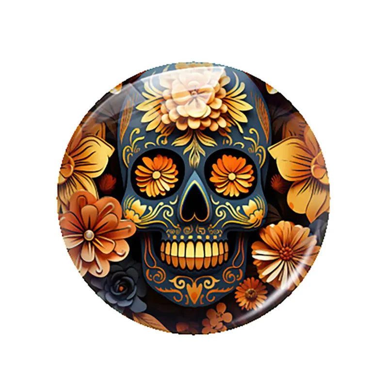 Breloques cabochons en verre à dos plat, style gothique sombre, tête de mort et fleur, pour la création de bijoux DIY. Démonstration de camée à dos plat pour la fabrication de bijoux DIY.