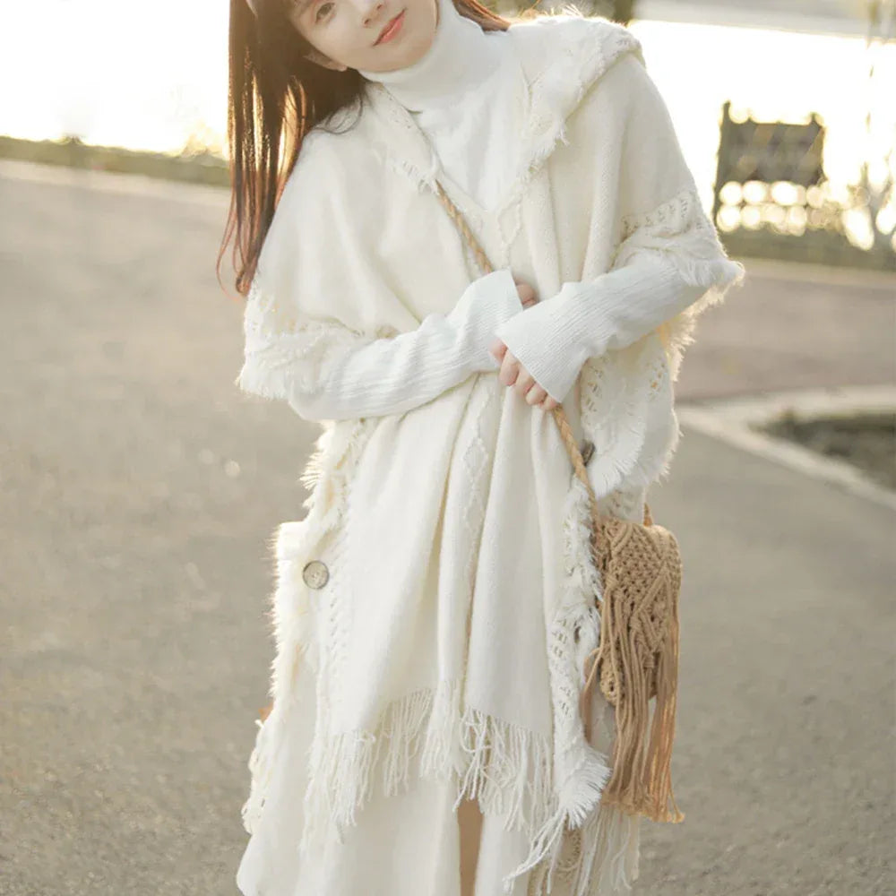 Women Knitted Cape Shawl Wrap Cloak Ethnic Hooded Poncho Hoody Jumper Sweater Tassels Dropshipping