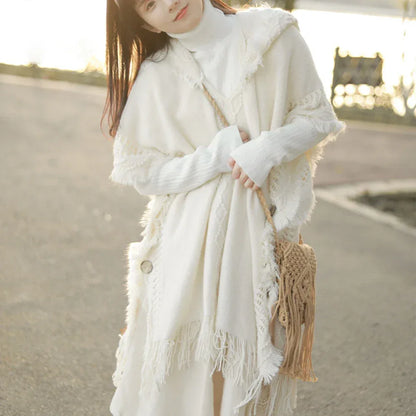 Women Knitted Cape Shawl Wrap Cloak Ethnic Hooded Poncho Hoody Jumper Sweater Tassels Dropshipping
