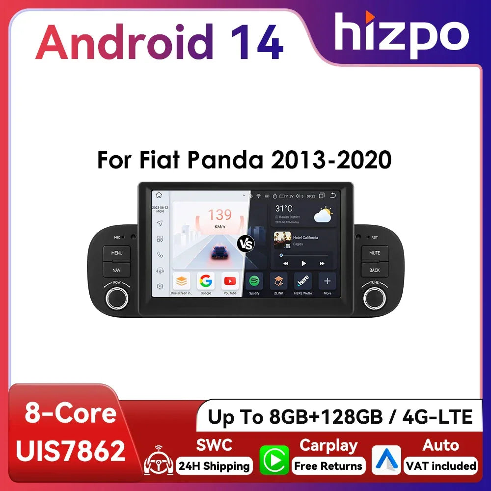 Hizpo 2Din 7inch Android14 Car Radio for Fiat Panda 2013 - 2020 GPS Navigation 4G BT Carplay RDS DSP SWC UI7862 Multimedia
