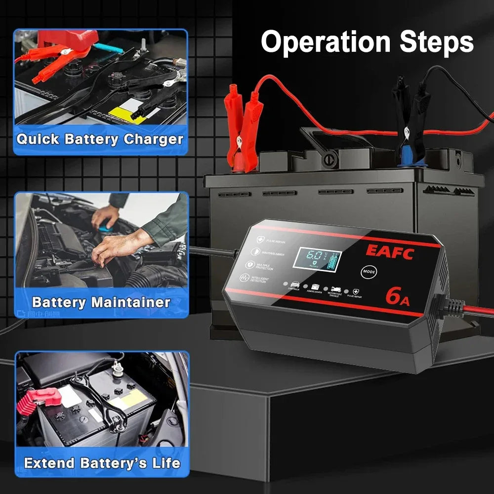 EAFC Fully Automatic 12V 6A Smart Car Battery Charger Pulse Repair LCD Display for Auto Moto AGM GEL WET Lead Acid LiFePO4