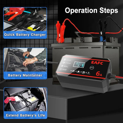 EAFC Fully Automatic 12V 6A Smart Car Battery Charger Pulse Repair LCD Display for Auto Moto AGM GEL WET Lead Acid LiFePO4