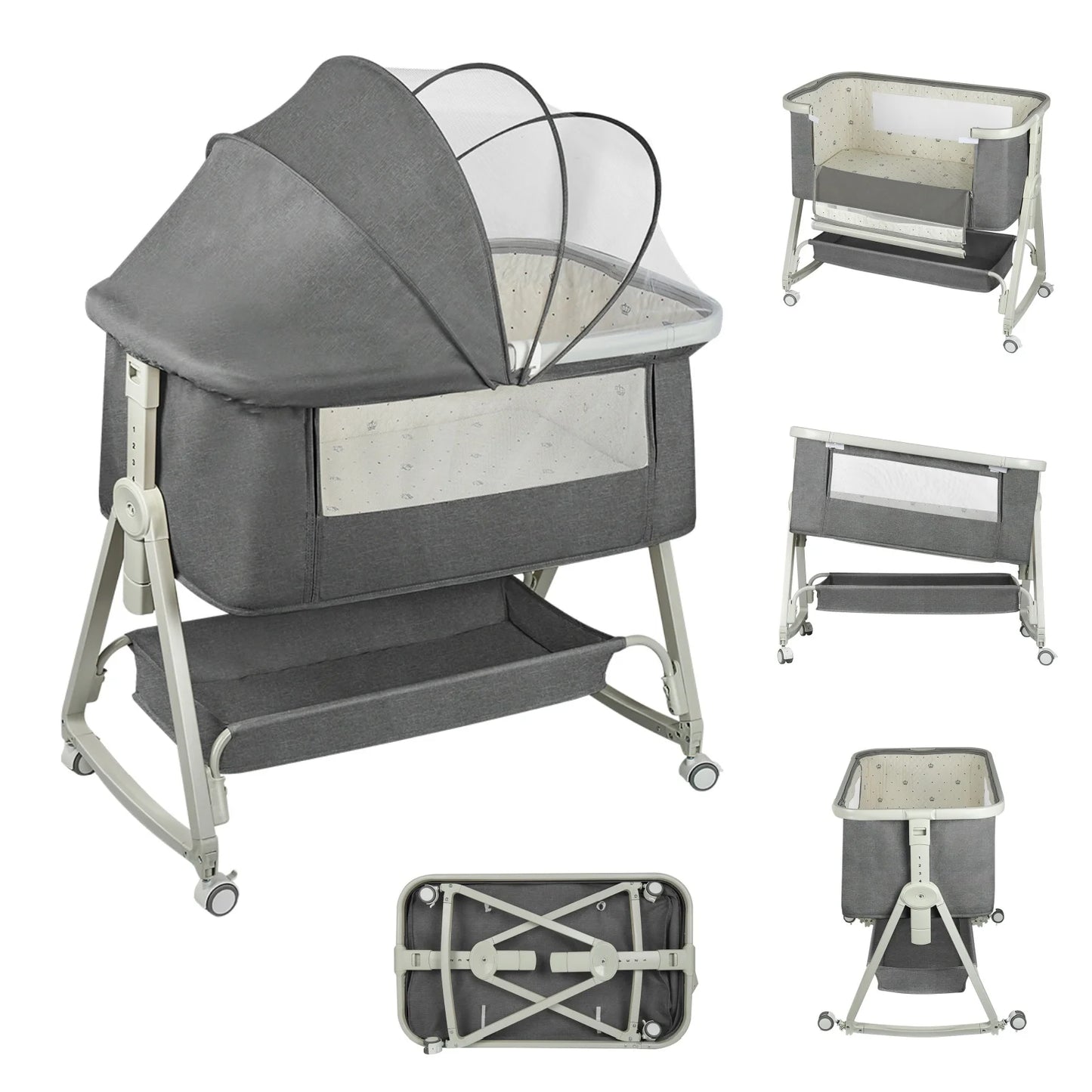 4-in-1 Baby Co-Sleeping Crib, Adjustable to 6 Positions, with Mattress, 15° Incline, Wheels with Brakes, Baby Crib 0-24 Months
