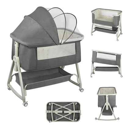 4-in-1 Baby Co-Sleeping Crib, Adjustable to 6 Positions, with Mattress, 15° Incline, Wheels with Brakes, Baby Crib 0-24 Months
