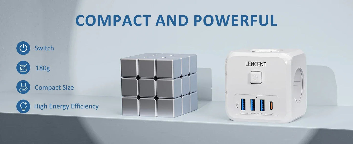 LENCENT Multi USB Wall Socket Cube with 3AC Outlets USB-A and Type C 7-in-1 Power Strip EU Plug Socket On/Off Switch for Home