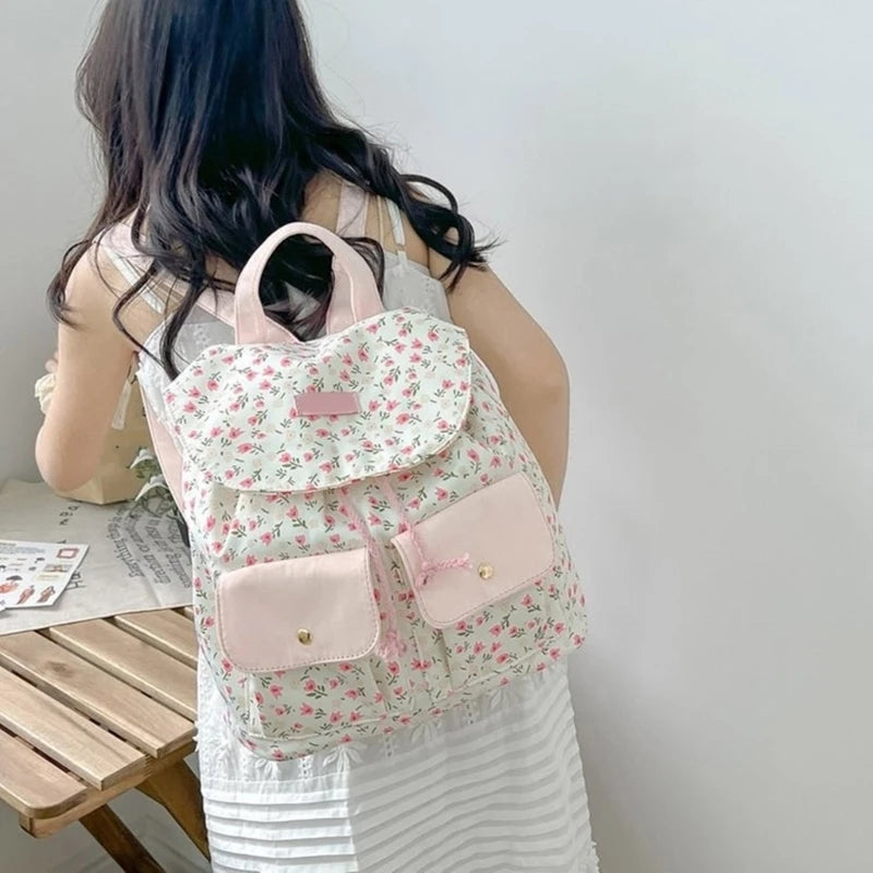 Women Girls Sweet Floral Double Pockets Shoulder Bag Japanese Aesthetic Small Backpack Casual Student Shool Book Bag F3MD