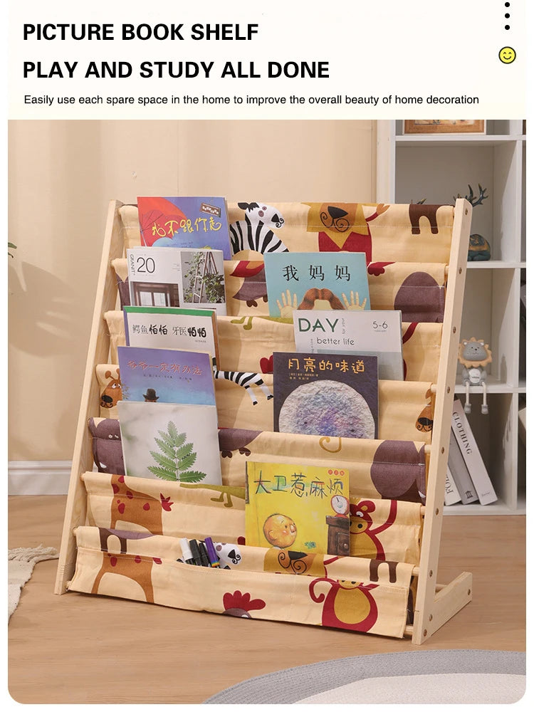 Solid Wood Children Bookshelf Multi-Layer Movable Shelf for Kids Storage Floor Standing Bookshelf Picture Book Rack Bookcase