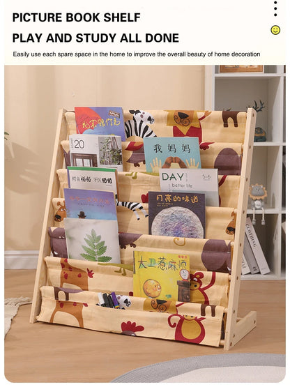 Solid Wood Children Bookshelf Multi-Layer Movable Shelf for Kids Storage Floor Standing Bookshelf Picture Book Rack Bookcase