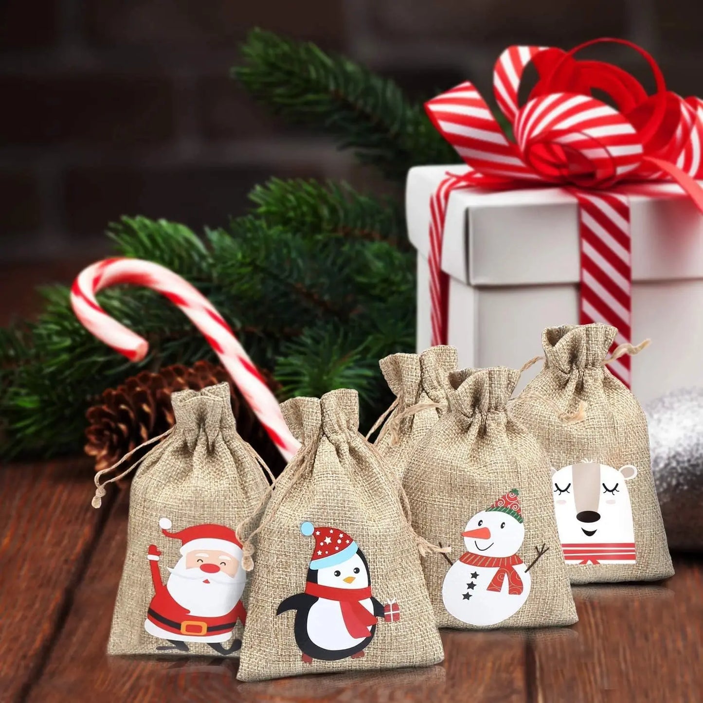 1/30PCS Christmas Linen Drawstring Bags Candy Biscuits Pouchs Burlap Bracelet Jewelry Storage Bags Xmas Kids Gift Packaging Bags