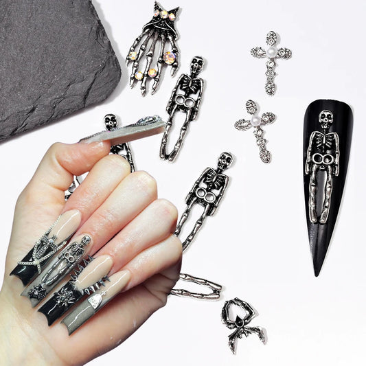 Lot de 10 breloques pour ongles squelette en métal, motif Halloween, accessoires de manucure DIY, décoration crâne et croix.