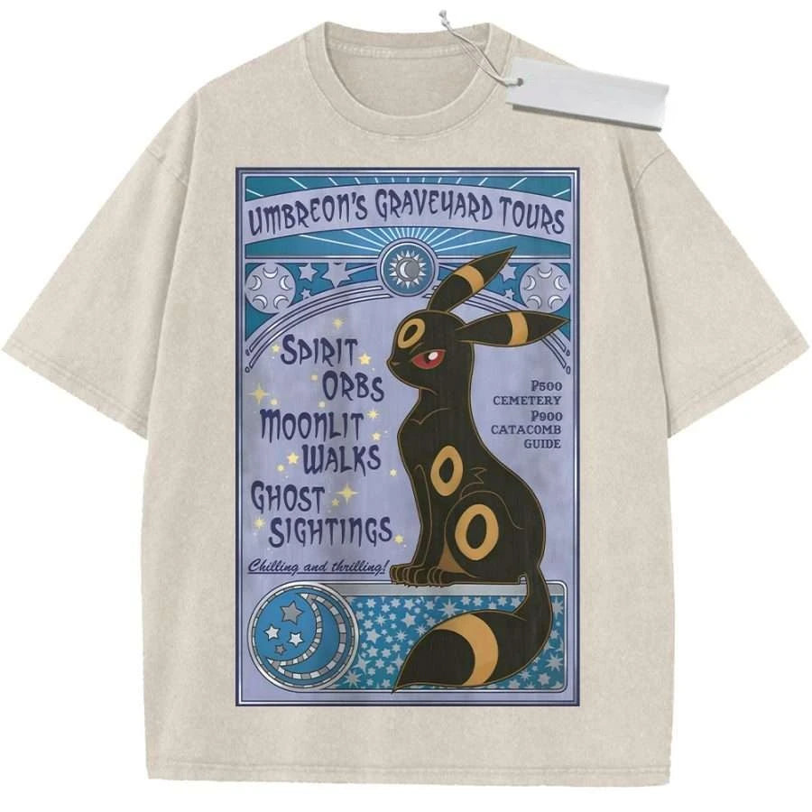 T Shirt Sports T Shirt Short Sleeve T Shirt Black Unisex Pure Cotton Washed Vintage Pokemon Anime Espeon Print