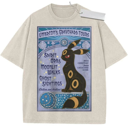 T Shirt Sports T Shirt Short Sleeve T Shirt Black Unisex Pure Cotton Washed Vintage Pokemon Anime Espeon Print