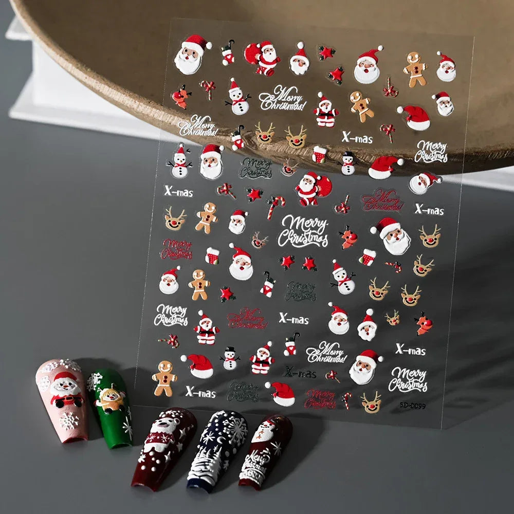 1pc Christmas Nail Art Stickers 5D Winter Holiday Themed Nail Decor Santa/Snowflakes/Christmas Trees/Gingerbread Nail Supplies *