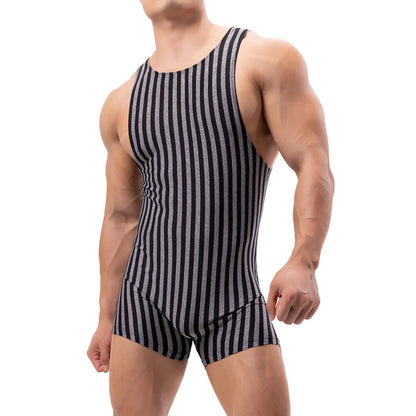 Mens Sexy Vertical Striped Sleeveless Fitness Bodysuit Thin Breathable Boxers Underwear Jumpsuits Sports Tight Pajamas Sleepwear