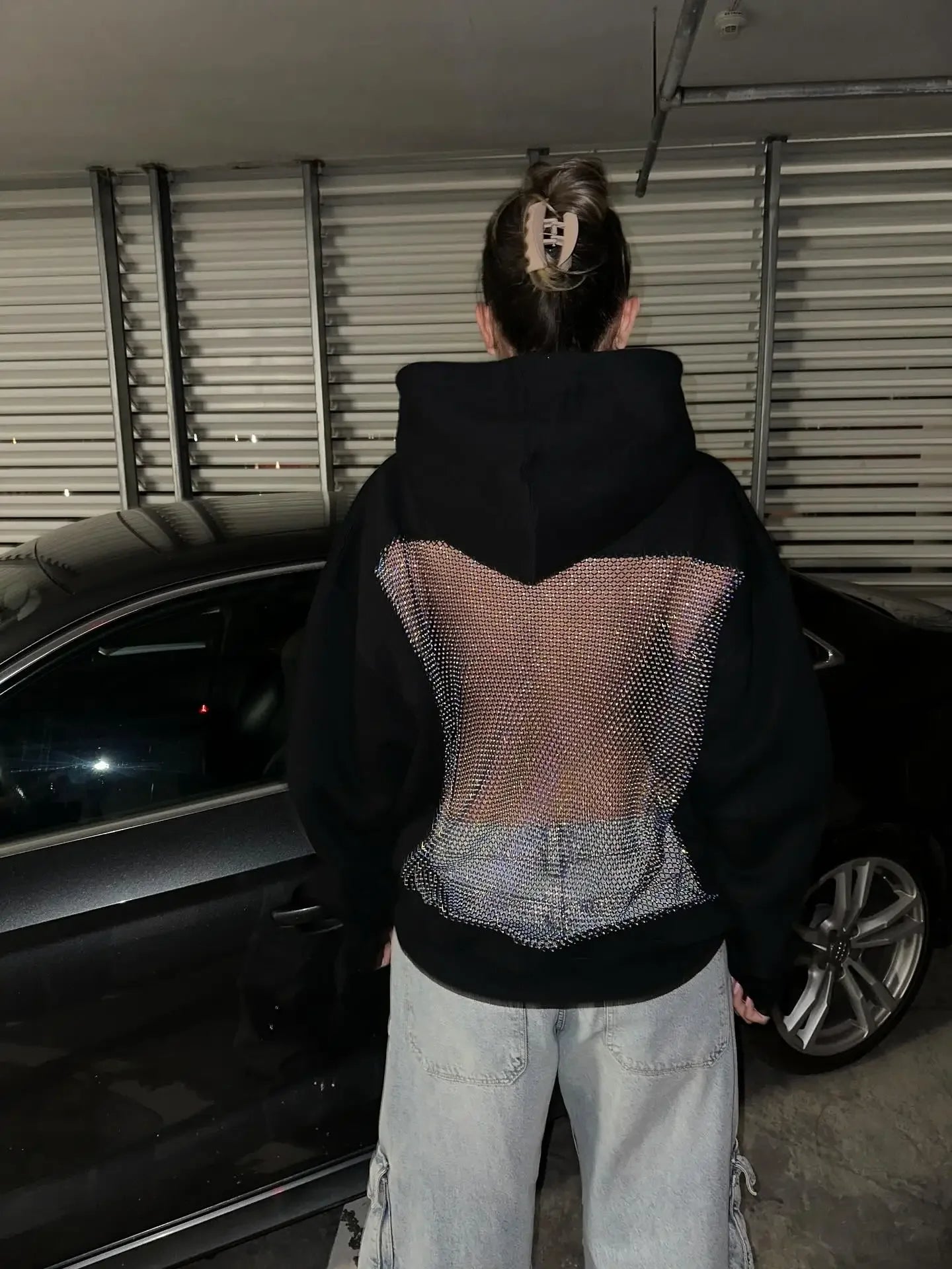Russias Hot Selling Sexy Backless Sparkling Rhinestone Mesh Hoodie Y2K Womens Harajuku Fashion Oversized Hoodie Pullover Tops