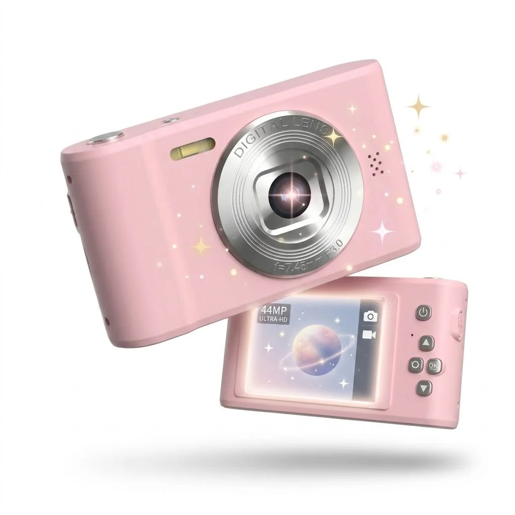 FUNNY PANDA Pink Digital Camera, 44MP 1080P Vlogging Camera with 16X Zoom, 2.2 Inch Screen, Self Timer, Webcam Mode, Plug and Play, 64GB Card Included, Ultra Lightweight Compact Retro Design