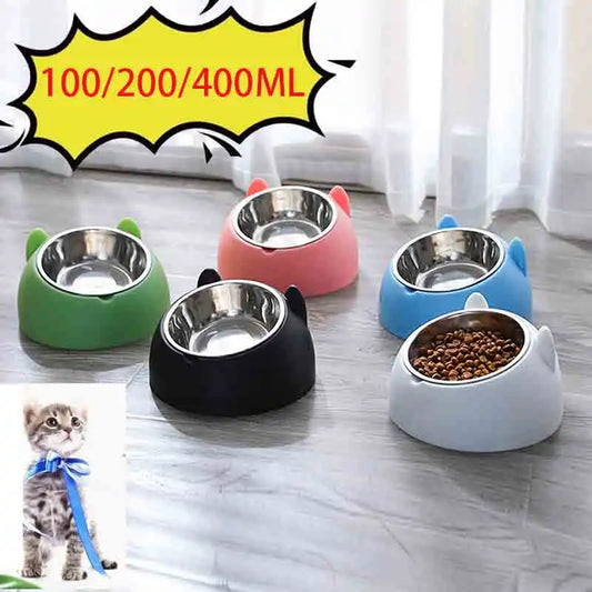 Stainless Cat Bowls Non-slip Base Pets Puppy Cats Food Drink Water Feeder Neck Protection Dish Pet Bowl 200ml 15 Degrees Tilted by PDG ibma