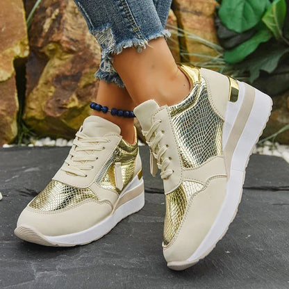 Gold Silver Wedge Sneakers for Women Lightweight Non Slip Casual Sports Shoes Woman Comfort Thick Sole Walking Shoes Plus Size
