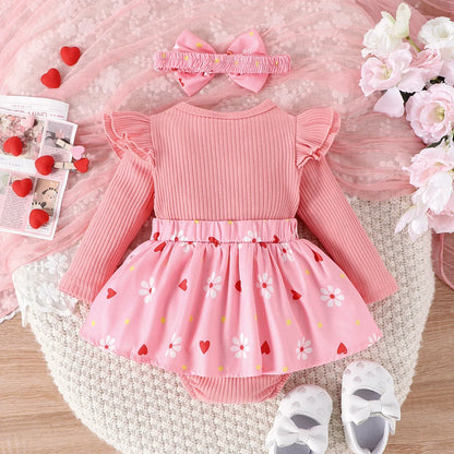 2PCS  Spring And Autumn New Style For Girls 0-1 Years Old Sweet And Comfortable Pit Strip Long-Sleeved False Straps Hat Dress