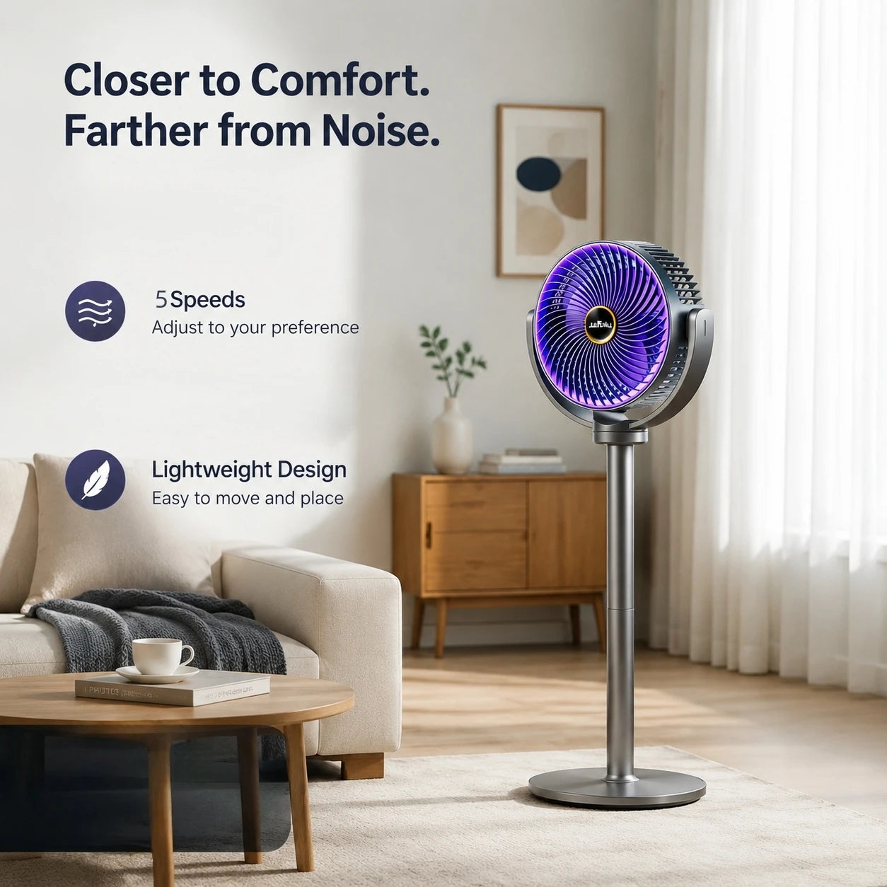3-in-1 Modern Air Circulator Fan 5 Speeds 4 Heights Quiet Portable Pedestal Stand Fan USB-C for Home Bedroom Office RV Camping