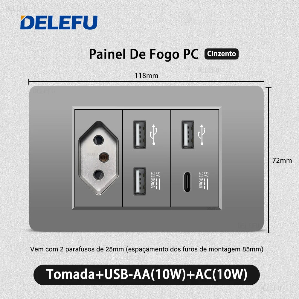 DELEFU Grey PC Panel Brazil Standard Wall Power Socket Double USB Type C Outlet Light Switch Home Office Electrical Plug 10A 20A