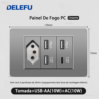 DELEFU Grey PC Panel Brazil Standard Wall Power Socket Double USB Type C Outlet Light Switch Home Office Electrical Plug 10A 20A