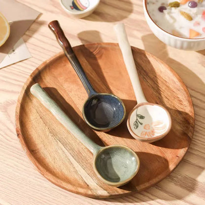 Cute Ceramic Flower Soup Spoon Kawaii Korean Ice Cream Hand Painted Dessert Spoon With Long Handle Kitchen Tableware Accessories
