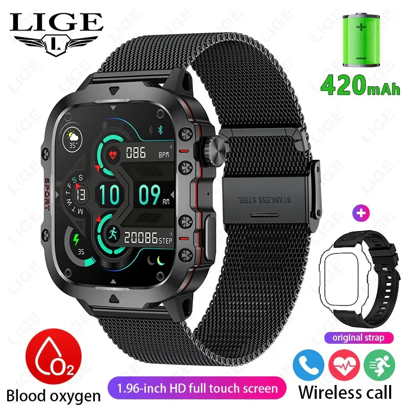 LIGE Outdoor Smart Watch Men 2.01" Screen 3AT Waterproof Watches Bluetooth Call Ai Voice Sport Smartwatch For Android Xiaomi IOS