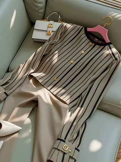 Autumn Korean Fashion High End Long Sleeve Stripe Shirt High Waist Slim Suit Pants Formal Commuter Two Piece Set Women Outfits