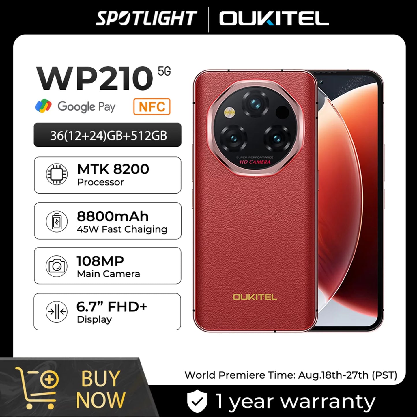 OUKITEL WP210 8800mAh 45W Rugged Phone - MTK 8200, 36GB+512GB, 6.7" FHD+, NFC, 108MP Camera Android15 5G Smartphone