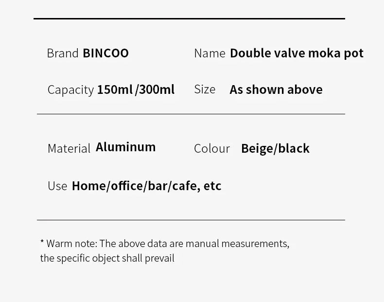 Bincoo Dual Valve Moka Pot Espresso Maker Mocha Pot Brewed Coffee Pot 220V Electric Stove Concentrated Extraction Barista Tools
