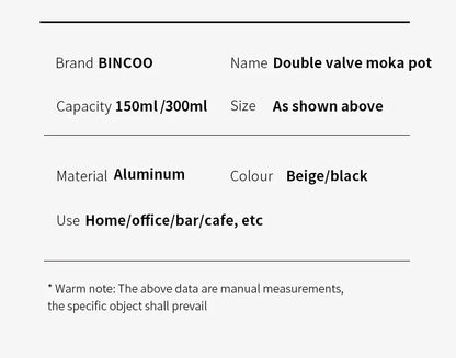 Bincoo Dual Valve Moka Pot Espresso Maker Mocha Pot Brewed Coffee Pot 220V Electric Stove Concentrated Extraction Barista Tools