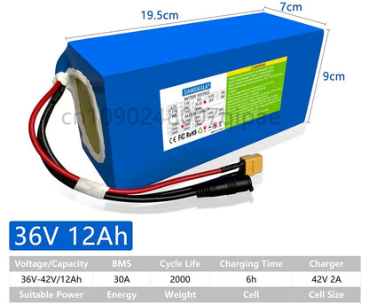 36V 18AH 15AH 12AH 9AH Rechargeable Lithium Battery Pack 100-1300W Electric Motorcycle Scooter Bicycle with BMS Battery Pack