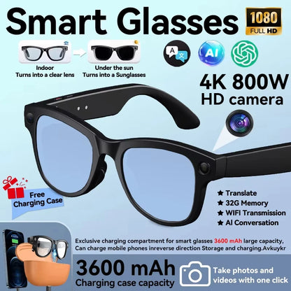 2026 New 8MP Camera Smart AI Glasses 3600mAh Charging Case Power Bank 1080P HD Camera ChatGPT 32GB Translation Video Sunglasses