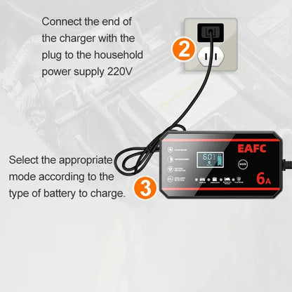 EAFC Fully Automatic 12V 6A Smart Car Battery Charger Pulse Repair LCD Display for Auto Moto AGM GEL WET Lead Acid LiFePO4