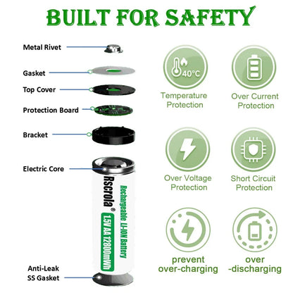 Rechargeable Lithium Battery AA 12800mWh Long-Lasting AA Rechargeable Batteries with Charger for Remote Controller Toys Doorbell