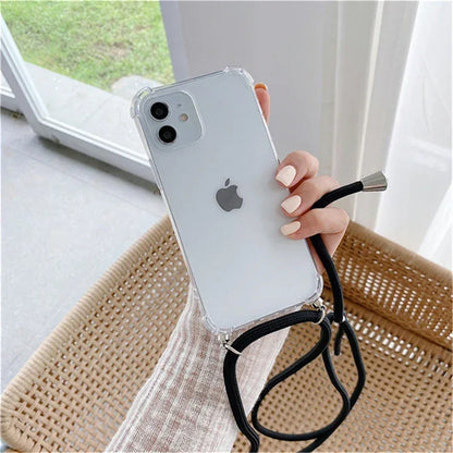 Necklace Lanyard Strap Chain Phone Case For iPhone 16 15 14 13 Pro Max 12 11 XS X XR Mini 7 8 Plus Transparent Soft Rope Cover