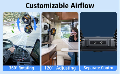 Eary Car Suction Cup Dual-Head Fan 12V/24V 360°Rotatable with 4000mAh Battery 3 Speed Wind Universal Electric for Truck Van Suv