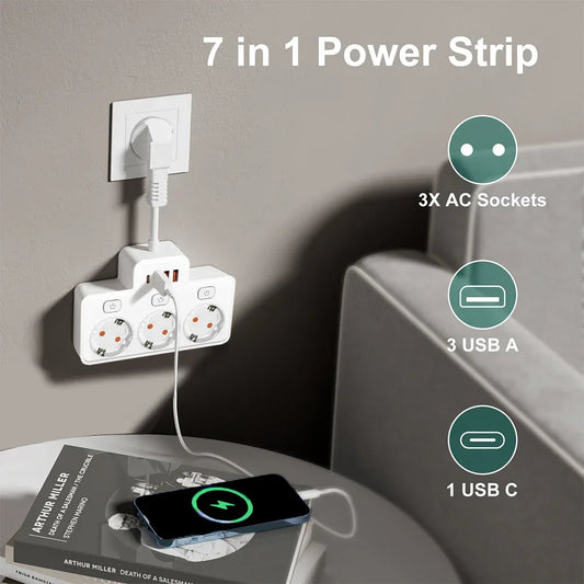 EU Plug AC Power Strip Wall Independent Switch 2500W European Standard Plug Outlet With USB Type-C Ports Charging Network Filter