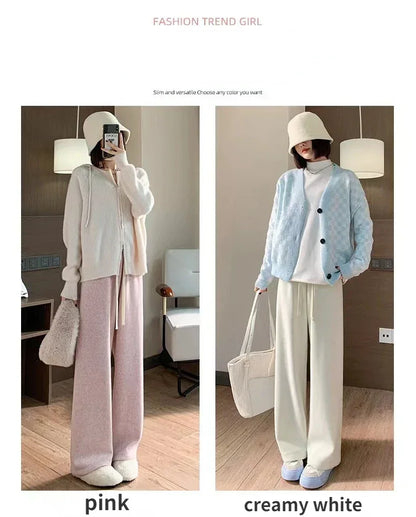 Autumn Winter Plush Pants Women  Soft Straight Tube Flared Pants High Elasticity Waist Casual Fashion Knited Woolen Pants